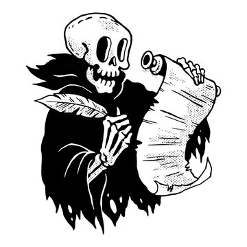 Skull with parchment paper and quill pen
