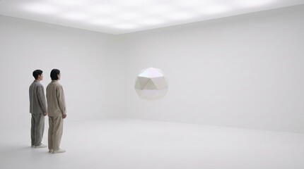 Fototapeta premium Two people stand in a white room observing a floating geometric multifaceted sphere.
