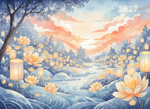 Serene landscape with flowing river, blooming flowers, and lanterns at sunset