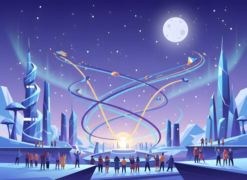Futuristic cityscape at night with glowing skyscrapers and flying lights