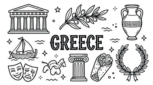 Greece culture icons illustration featuring Parthenon temple, olive branch, column, amphora vase, gyro wrap, sailboat, laurel wreath, and theater masks