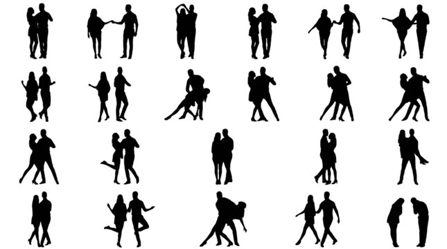 Silhouette people walking and dancing in line isolated on transparent background, Vector