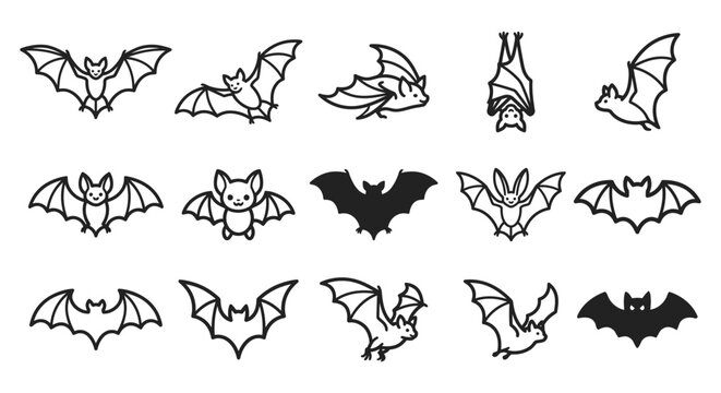 Halloween bat icon set, spooky bats silhouette and outline vector elements