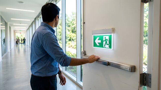 Man pushing open emergency exit door in modern office building with green exit sign light.