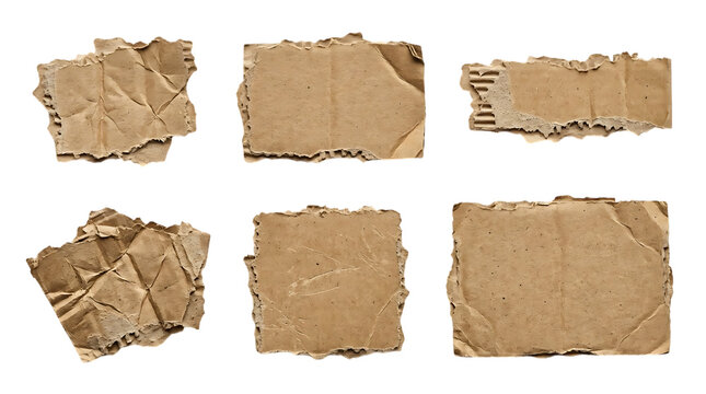 Set of torn cardboard pieces isolated on transparent background