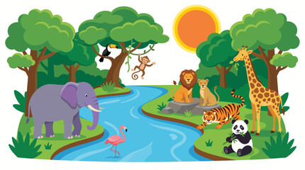 Fototapeta premium A vibrant jungle scene filled with various wild animals like elephants, giraffes, and monkeys, portraying the rich biodiversity and lively ecosystem of the rainforest.