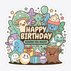 Fototapeta premium This playful and whimsical illustration captures a birthday celebration, featuring a variety of joyful characters and elements that embody magic and fun in festivities.