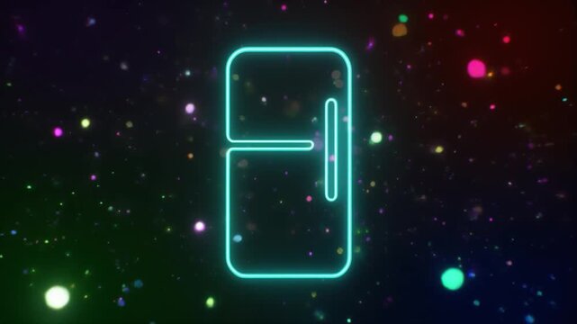 Neon outline of a refrigerator glowing in cyan against a dark, sparkling cosmic background with colorful bokeh lights Keywords: refrigerator, fridge, appliance, kitchen, neon, glowing