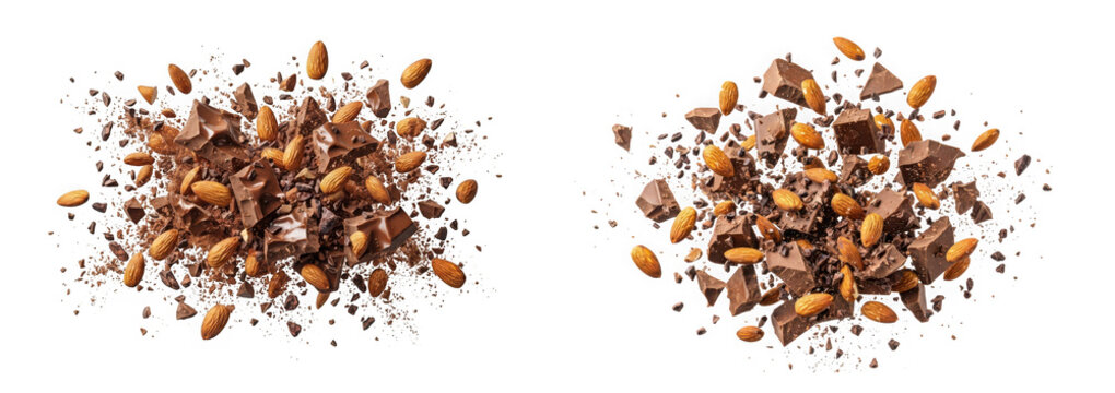 Explosion of chocolate chunks and roasted almonds isolated on transparent background