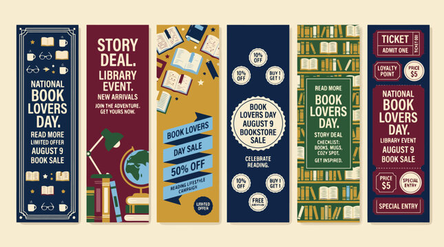 Vintage National Book Lovers Day vertical banners, retro library event and bookstore sale flyers, 6 vector bookmark designs with books and shelves