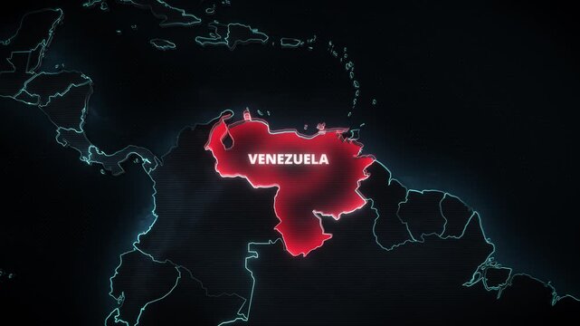 3D digital map of South America with Venezuela highlighted in glowing red, modern dark high-tech educational infographic for widescreen presentation backdrops.

