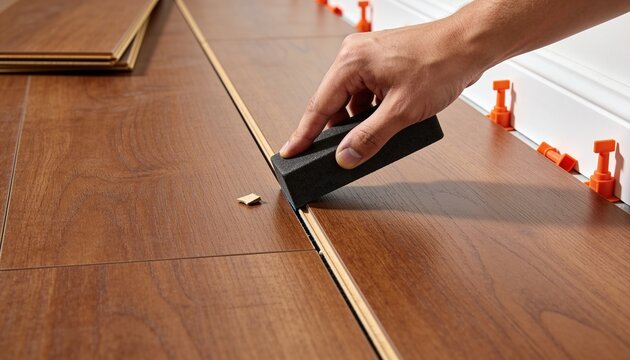 A hand using a tool to install wooden flooring. The scene shows laminate planks and spacers on a wooden surface.