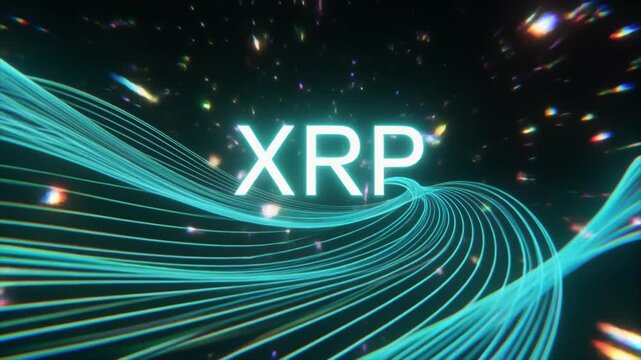 Digital art depicting the XRP cryptocurrency logo amidst swirling teal lines and sparkling cosmic particles