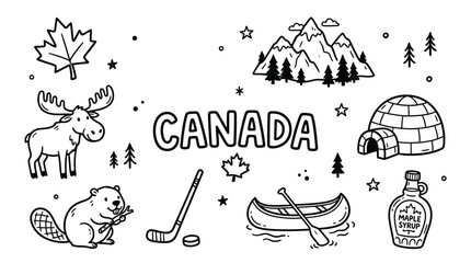 Canada culture icons illustration featuring maple leaf, moose, beaver, hockey stick, canoe, igloo, mountains, and maple syrup bottle design © Amjad