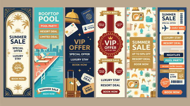 Vintage luxury travel banners, set of 6 summer sale web headers, retro hotel resort promotion vertical templates with rooftop pool and VIP offer