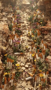 A wall of cigarettes crumbling like ancient ruins, flowers growing in the cracks.