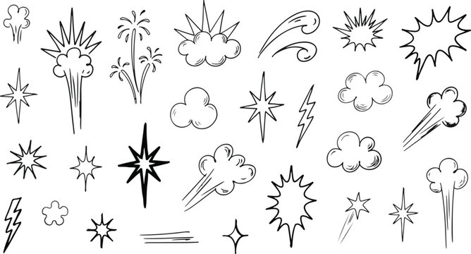 Handdrawn comic book style decorative design elements including stars clouds flashes and motion speed lines