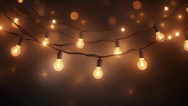 String of Warm Yellow Incandescent Light Bulbs Hanging and Glowing Against a Dark Blurred Background Keywords: string lights, light bulbs, incandescent, warm, yellow, glowing, illumination
