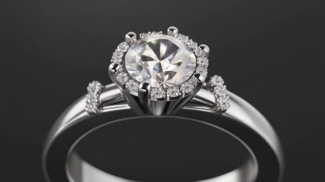 Exquisite Diamond Engagement Ring with Halo Setting and Platinum Band on Dark Gray Background jewelry