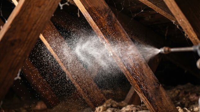 A spray nozzle applying liquid treatment to wooden rafters in a dark attic. The scene depicts maintenance or pest extermination. Ideal for home improvement and service industry content.