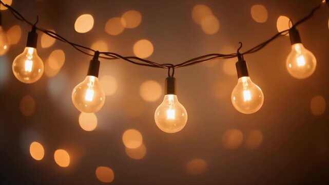 String of glowing incandescent light bulbs with soft bokeh background creates a warm and inviting atmosphere