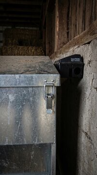 Metal storage bin and rodent bait station in a rustic barn. Practical safety and maintenance theme. Ideal for agricultural and facility management content.