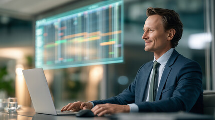 Fototapeta premium Corporate executive preparing for a board meeting using an intelligent AI scheduling assistant, waist up portrait, three-quarter view, elegant glass conference room, holographic me