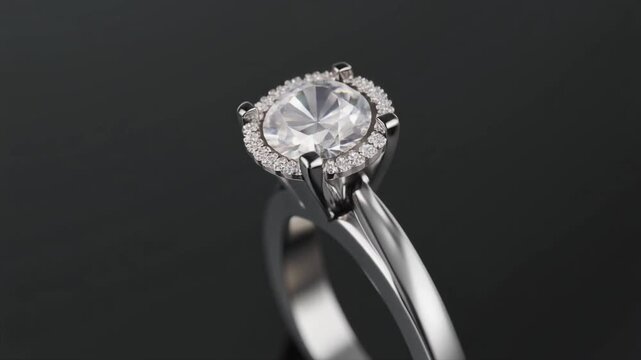 Close-up of a sparkling diamond engagement ring with a halo of smaller diamonds on a dark background