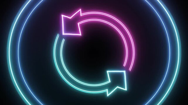 Neon circular arrows in pink and blue glowing against a dark background symbolizing a refresh or cycle Keywords: neon, circular arrows, pink, blue, glowing, dark background, cycle, refresh