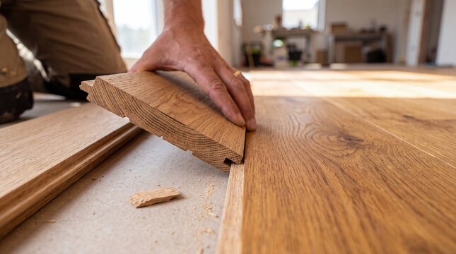 A close-up of a hand placing a wooden plank on a floor during installation. The floor features light-colored wooden boards in a bright room.