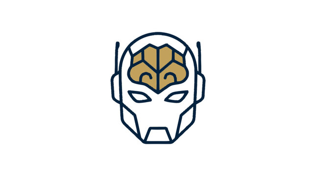 A futuristic robotic head with a brain design on its forehead