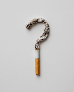 Cigarette bent into question mark shape, minimal white background, conceptual stock image