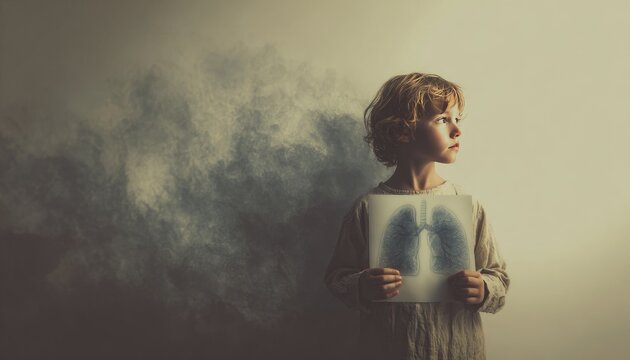 Child holding drawing of clean lungs while smoky background fades away, emotional storytelling, soft daylight