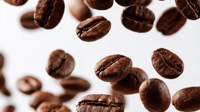 Roasted coffee beans falling in midair isolated on white background