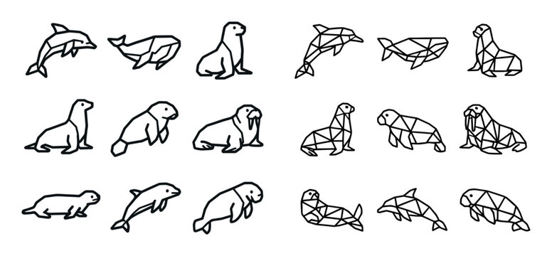 Marine icons with dolphin seal walrus geometric