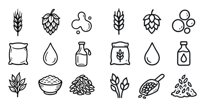 Brewery icons with hops wheat bag outline