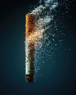 Cigarette breaking apart into digital pixels fading away, modern anti-smoking concept