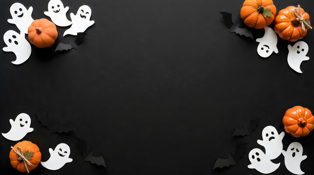 Halloween decorations, ghost and pumpkin party elements, spooky black background, festive holiday icons halloween