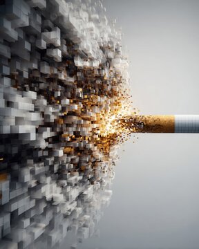 Cigarette breaking apart into digital pixels fading away, modern anti-smoking concept