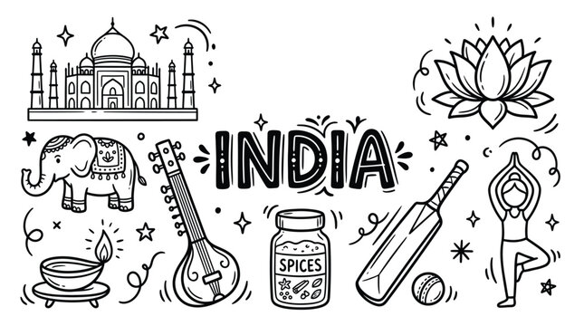 India culture icons illustration featuring Taj Mahal, elephant, sitar instrument, lotus flower, spices jar, cricket bat, ball, and yoga pose design