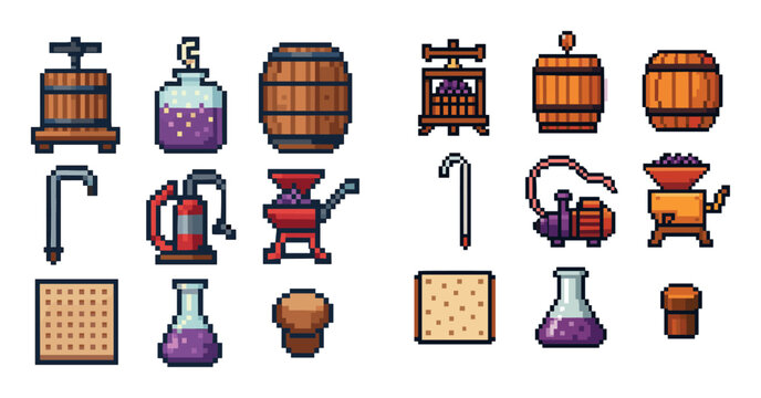 Craft icons with barrel potion press pixel art