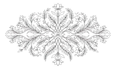 Fototapeta premium Vintage floral ornament vector, elegant black and white flower line art, decorative botanical scroll for wedding invitations and luxury branding