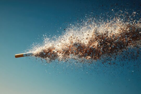 Cigarette breaking apart into sparkling particles disappearing into clear sky, high realism