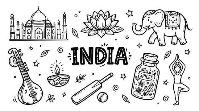 India culture icons illustration featuring Taj Mahal, elephant, sitar instrument, lotus flower, spices jar, cricket bat, ball, and yoga pose design