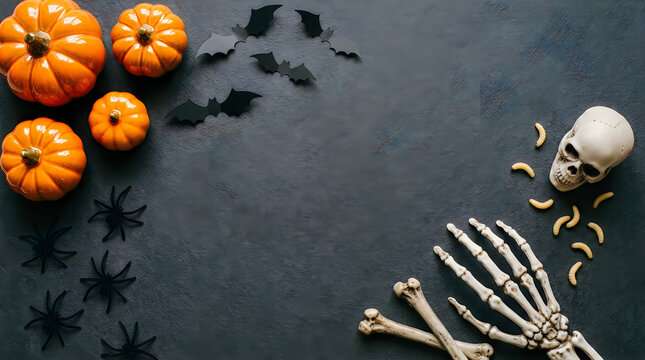 Halloween decorations, pumpkins, skeleton, bats, spooky, festive, dark background halloween