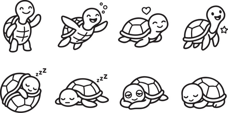 Cartoon turtles with different fun expressions