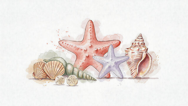 Watercolor of starfish and seashells on the beach isolated on a transparent background