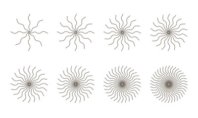 Obraz premium Radial sun symbol with flowing spiral rays forms striking graphic element ideal for yoga branding, boho summer designs and minimalist geometric backgrounds with sunset vibes.