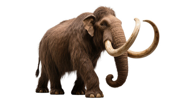 Isolated woolly mammoth walking gracefully, majestic prehistoric mammal with impressive tusks