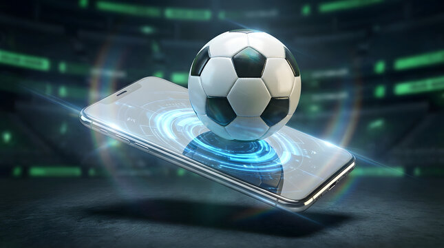 Soccer ball levitating on smartphone screen with blue glow
